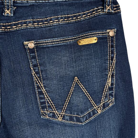 Wrangler SZ 9/10 Bootcut Jeans Mid-Rise Stretch Zip-Fly Whiskered Dark Wash Blue - Picture 7 of 10